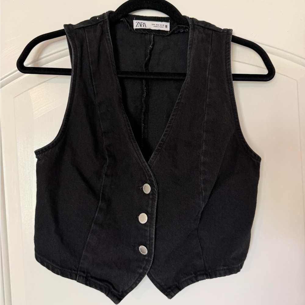 Zara Black Denim Cropped Button-Front Vest